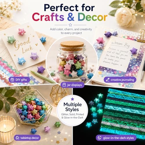 840 Sheets Luminous Origami Stars Papers with 4 Different Designs, Origami Star Paper Strips Lucky Star for DIY Arts Crafting, Handicraft (Multicolor)