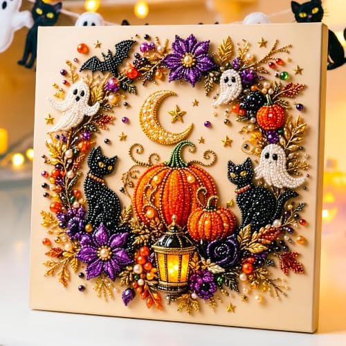 TLM Halloween Ghost Pearl Art DIY Kit, Spooky Cute 3D Diamond Painting Crafts for Adults, DIY Fall Home Decor Wall Art, Beginner DIY Seasonal Party Gift (Halloween Witch)