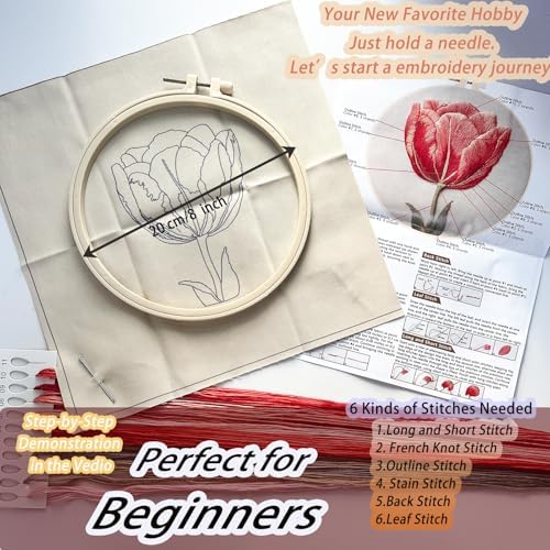 FONNUY Embroidery Kit for Beginners, Tulips Flowers Pre-Stamped Pattern Kits for Adults with Hoop, Easy to Follow Color Thread Needlework, 8'' Hoop (Red)