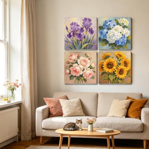 Canrichshop 4 Pack Retro Paint by Numbers for Beginner with Frame,Flowers Adult Paint by Number Kits on Canvas, DIY Number Painting for Adults for Decor 8X 8 inch