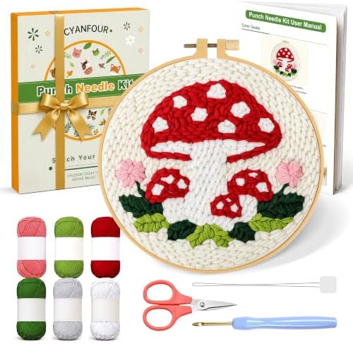 CYANFOUR Punch Needle Kit for Beginners, Mushroom Punch Needle Kits Adults, Craft Kits for Adults with 2 Pre-Printed Fabrics, Embroidery Hoop, Threads, DIY Gift and Home Decor 20 * 20cm