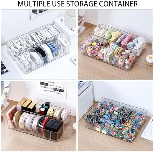 Cable Cord Storage Box with Adjustable Dividers, 2 Pack, Clear