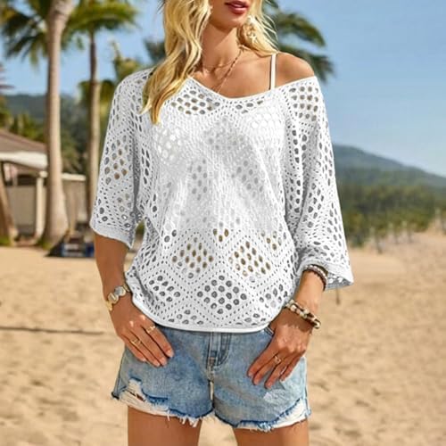 Bohemian Crochet Tops for Women 3/4 Sleeve V-Neck Open Knit Pullover Beach Cover Ups Hollow Out Boho Vacation Blouse