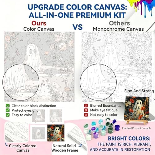 4 Pcs Halloween Paint by Numbers Kit for Adults with Frame (Ghost, 8x8 In)