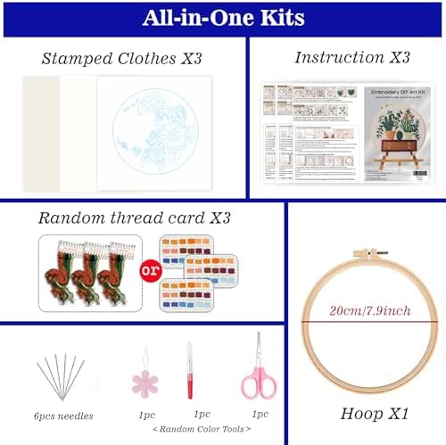 ZuoAnLF 3 Set Embroidery Starter Kit Printed Cross Stitch Kit with Plant Shelf Patterns for Adults, Home Decor and Gifts