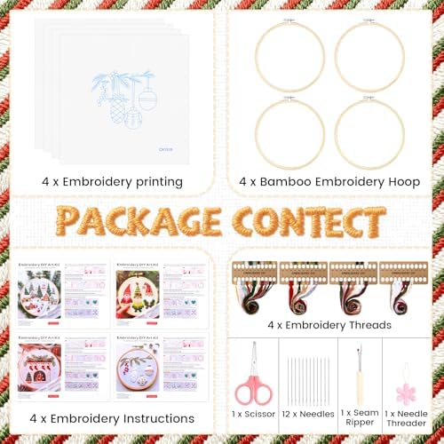 Christmas Embroidery Kit for Adults and Beginners, Christmas Gnomes Embroidery Kits Cross Stitch Kits with Pattern, Cotton, Threads, Needles & Instruction (4Pcs C)