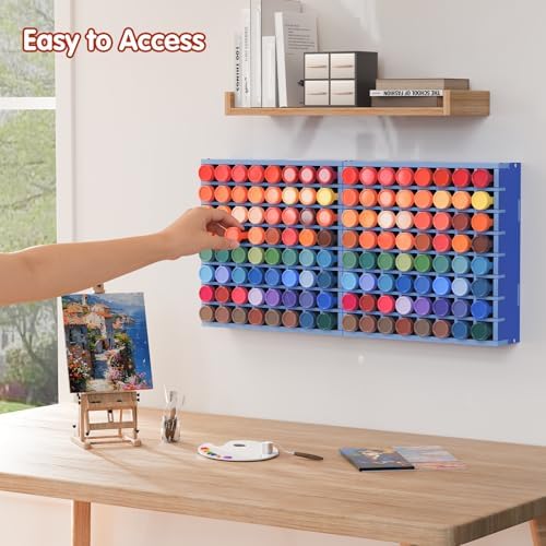Krafetto 2 Pack 64-Grid Paint Organizer for 2 Oz Bottles, Wall Mount, Blue