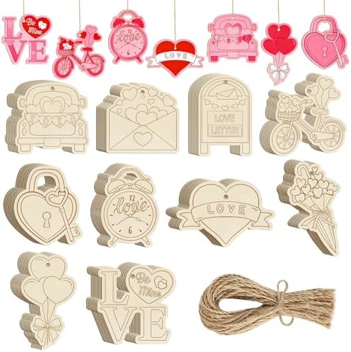 80PCS Wooden Heart Ornaments to Paint Valentine's Day Craft,10 Styles DIY Blank Unfinished Wood Heart Cutouts Ornament for Crafts Spring Tree Hanging Decorations Love