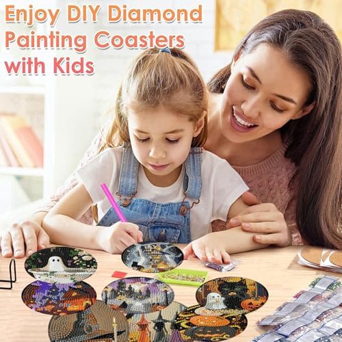 ijbnhd 8 Pcs Halloween Diamond Art Coasters Kits (Cork Wooden Pad)