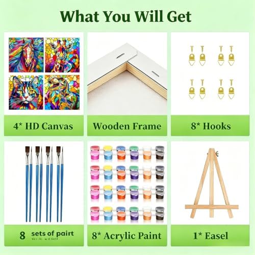 Tabszca 4 Pack Animals Paint by Numbers Kit for Kids with Frame 8x8 Inch
