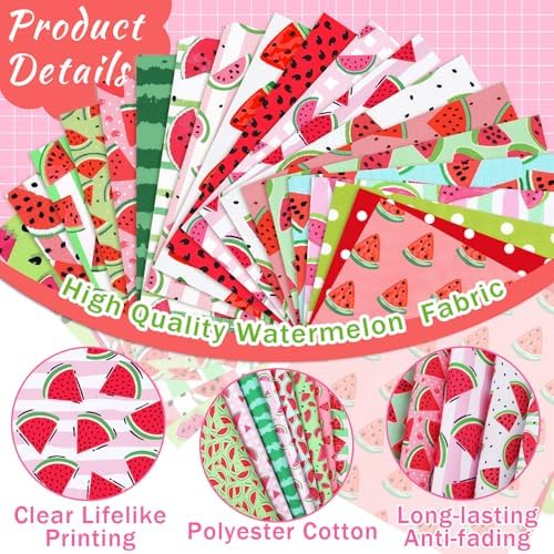 HunnmingRe 20 Pcs 10''x10'' Watermelon Quilting Fabric Square Watermelon Precuts Quilted Fabric Bundle Plaid Polka Dot Stripes Printed Sewing Material for Spring Summer Patchwork DIY Craft Supplies