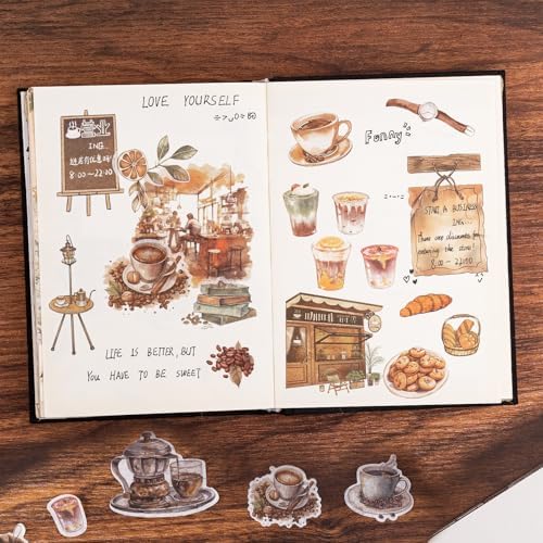 RISYPISY 558pcs Coffee Theme Washi Sticker Book for Scrapbooking | 50 Sheets Journaling Stickers for Junk Journals & Planners
