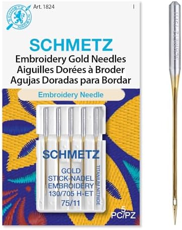 SCHMETZ Gold Embroidery Sewing Machine Needles - Titanium Coated for Smooth Stitching, Size 75/11, 5-Needle Cards, Pack of 1
