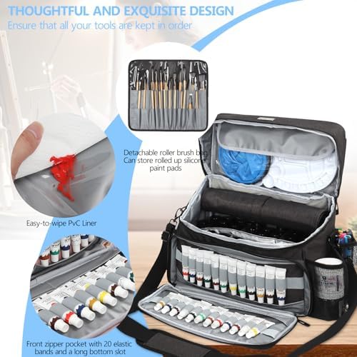 Acrylic Paint and Brush Set Organizer Bag - Carrying Case Compatible with Apple Barrel, Shuttle Art, Caliart Art Supplies - Includes Detachable Paint Brush Holder - for Home/Travel/Outdoor (Pro Black)