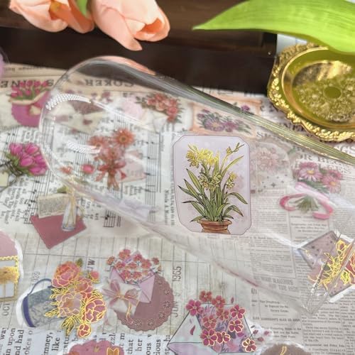 50 PCS Gold Stamp Stickers for Scrapbooking Journaling Junk Journal Scrapbook Supplies - Waterproof Transparent PET Aesthetic Decals for Resin Crafts Decorative Art Crafts (Gold Stamp)