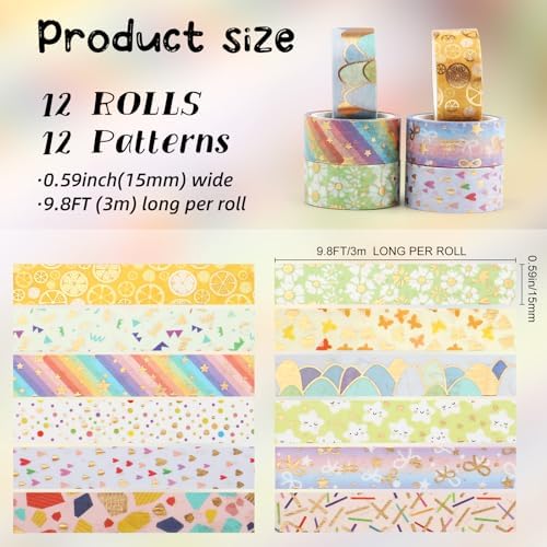 12 Rolls Gold Foil Floral Washi Tape Set,15mm Decorative Masking Tape for Journaling, Scrapbooking, Planners, DIY Crafts, Gift Wrapping(Spring Pastel Collection)