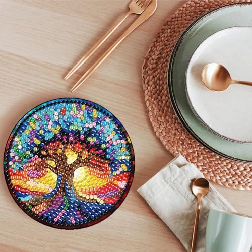 ijbnhd 8 PCS Tree of Life Diamond Art Coasters (Cork Wooden Pad)