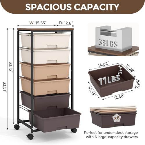 6 Drawer Rolling Storage Cart with Wooden Top and Wheels for Crafts,Brown