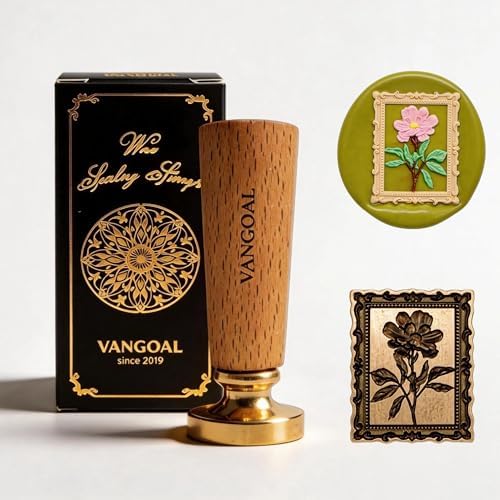 VANGOAL Wax Seal Stamp, Floral Series, 3D Embossed Brass Stamp Head with Wooden Handle, Vintage Sealing Kit for Wedding Invitations, Envelopes, Gift Wrapping, Letters and Crafts (Camellia with Frame)