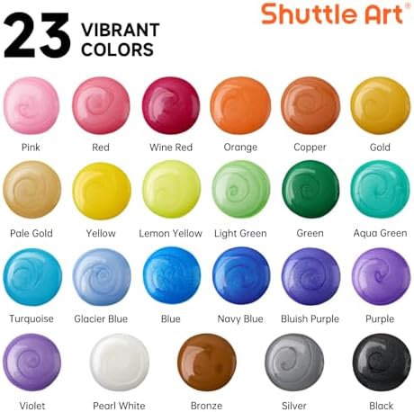 24 Pack Metallic Acrylic Pouring Paint, Shuttle Art 23 Metallic Colors Ready-to-pour Acrylic Paint with 1 Silicon Oil, 60ml/2oz Each, Rich Pigment, High Flow Pouring Paint Set for Canvas, Rock, Ceramic, Wood