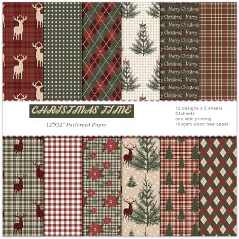 Christmas Decorative Scrapbook Paper Pad - 12x 12in 24 Sheets Patterns Designed Decoupage Supplies for Journaling Folded Cardstock Making Origami DIY Crafts Gift Wrapping Material