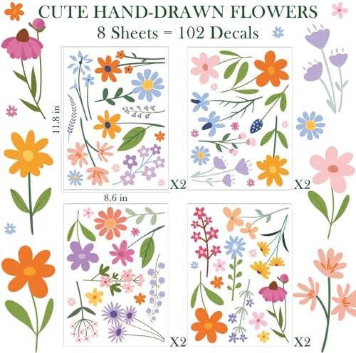 AOWDIAO Floral Wall Decals - 102 Pcs Peel and Stick Vinyl Flower Stickers - Assorted Varieties & Colors for Bedroom, Kids’ Rooms, Nursery, or Living Room Decor