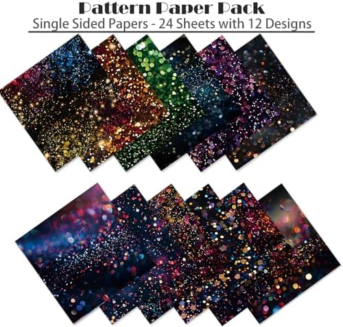 Neon Scrapbooking Paper Pad, 6 x 6 Inch Glitter Dust 160gsm Cardstock Paper, 24 Sheets Luxury Rainbow Sparkle Craft Paper for New Year Party, Holiday Cards DIY
