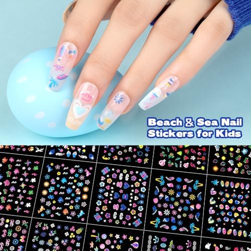 Teenitor 50 Sheets Nail Stickers for Kids, 3D Cute Girls Nail Art Stickers, Heart Flower Butterfly Bow Nail Decals for Nail Art, Fingernail Stickers for Women, Self Adhesive Nail Decorations in Summer