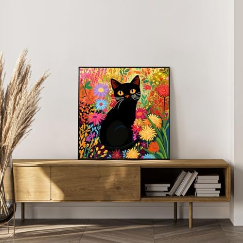 Framed Paint by Numbers Kit for Adults, Black Cat & Flower Decor 10x10 Inch