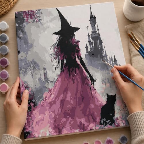 Witch Paint by Numbers Kit for Adults,Castle DIY Paint by Number With Frame