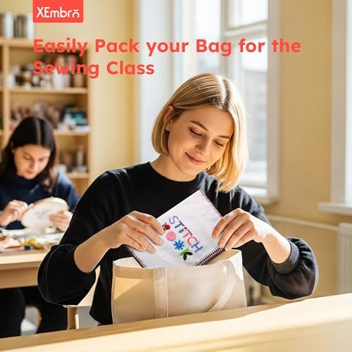 XEmbro Embroidery Stitch Book Kit for Beginners and Sewing Lovers, Portable Embroidery Book Kit with Water-Soluble Pre-Printed Fabric, Square Embroidery Hoop, and Sewing Tool
