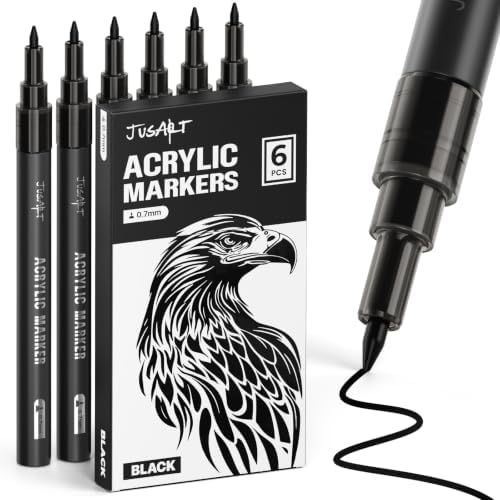 JusArt 0.7mm Fine Point Black Acrylic Paint Marker, 6 Pack