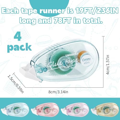 4 Pack Double Sided Tape Roller, Scrapbook Supplies, Glue Tape Roller for Crafts, Double-Sided Adhesive Tape Runner for Scrapbooking, School Office Journaling Supplies (5805-2（colorful）, 4 Pack)