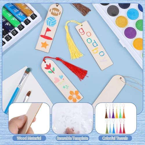 126PCS Bookmark Making Kit, 60 Wood Bookmarks with Tassels & Templates
