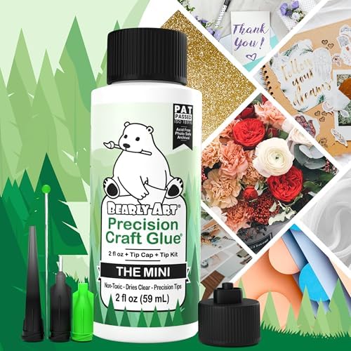 Bearly Art Precision Craft Glue Mini 2 fl oz with Tip Kit Archival | Acid Neutral Archival Safe, Dries Clear, Freeze stable, Wrinkle & Crack Resistant, Strong Flexible Hold Formula, Made in USA