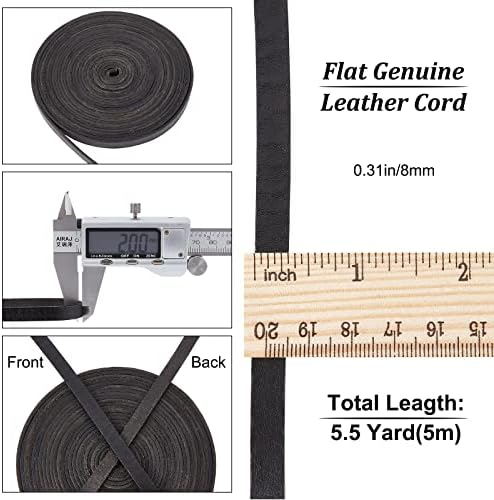 GORGECRAFT 5.5Yds 8mm Black Flat Genuine Leather Cord Natural Leather String Lace Strips Full Grain Cowhide Braiding String Roll for Jewelry Making DIY Craft Braided Bracelets Belts Keychains