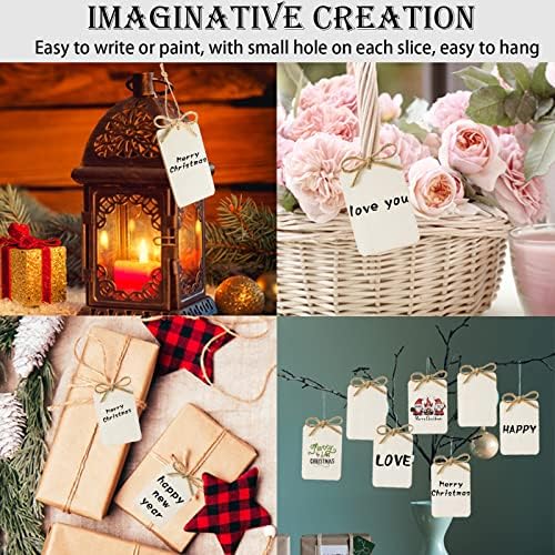 60 Pcs Wooden Tags 2.5 x 3.5 Inch Unfinished Wood Pieces Rectangle Square Wooden Cutouts with Holes Wood Ornaments with 32.8ft Rope for Holiday Gift Tags DIY Craft Hanging Decorations Painting