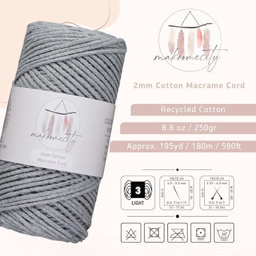 Makromecity, Cotton Macrame Cord 2mm x 195 Yards (590 feet) 2mm Recycled Cotton Crochet Yarn for Macrame Art & Crafts for Wall Hangings, Bags, Underplate, Rug (25 Colors Available) (Grey)