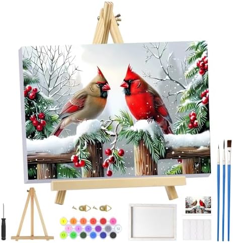 MOGTAA Christmas Paint by Numbers Kit for Adults Beginners with Frame, Winter Cardinal Adult Paint by Number Kits on Canvas with Easel, Easy DIY Oil Painting Kits for Home Decor, 8x12in