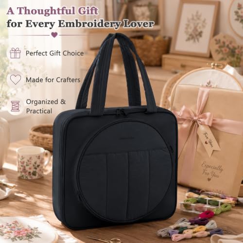 Puffy Embroidery Project Bag, Quilted Embroidery Floss Organizer for Hoops up to 11", Cross Stitch Project Storage Case for Needlepoint Project, Thread & Stitch Tools