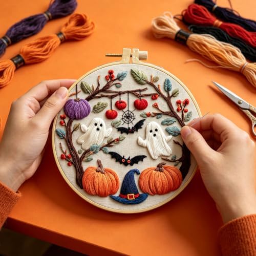RUIQLXHANG Halloween Ghost Pumpkin Embroidery Kit for Beginners