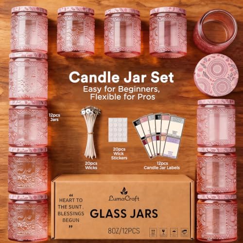 LumaCraft Luxury Embossed Glass Candle Jars for Making Candles - 12 Pack 8oz Empty Candle Containers with Airtight Metal Lids, 20 Wicks & 20 Stickers, Colored Glass Jars for Gifts & Decor