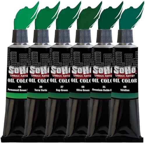 Soho Urban Artist Oil Paint Greens Set of 6-170 mL Tubes, Triple-Milled Oils with Refined Linseed - Smooth Application, True Color Mixes, Ideal for Brushes & Palette Knives