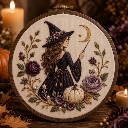 Halloween 3D Embroidery Hoop Decor Cozy Handmade-Style Fall Wall Art (Witch)