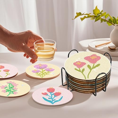 DOTSOPS 8 Pcs Flowers Diamond Art Coasters for Adults with Holder 4 in