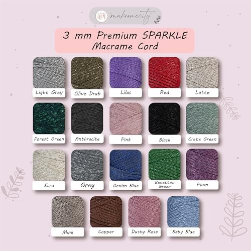 Makromecity Sparkle 2 Skeins of Polypropylene Macrame Cord 3mm x 131 Yards (394 feet) Premium Polyester Macrame Cord for Macrame Art & Crafts for Wall Hangings, Bags, Underplate, Rug
