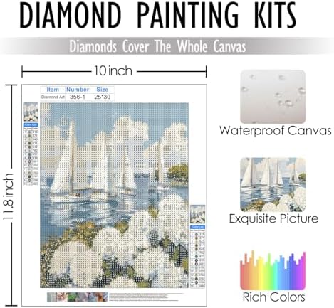 RLTXBUK 2 Pack Nautical Sailboat White Hydrangea Floral Diamond Art Kits, Coastal Grandma Decor, Summer Seaside Flower Landscape Gem Diamond Painting Art Kits for Adults Kids Beginners, 9.8x11.8 Inch