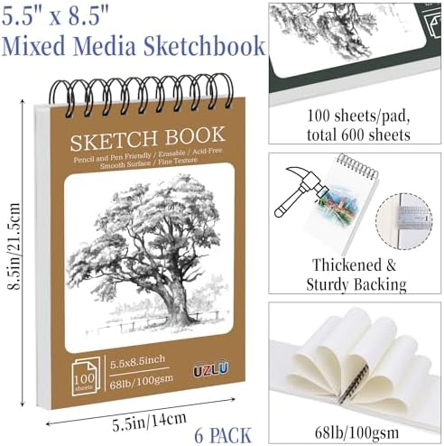 6 Pack Sketch Books Bulk 5.5x8.5 Inch Top Spiral Bound Sketch Pad 600 Total Sheets 6-Color Small Sketchbook Set 68lb/100gsm Acid-Free Drawing Paper for Students Beginners Travel Classroom Art Supplies