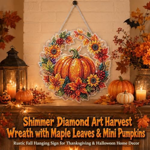Silkivana Autumn Harvest Pumpkin Diamond Art Hanging Ornament Kit, DIY Acrylic Diamond Painting Hanging Sign for Window Wall Garden Home Fall Decor Handmade Craft Set