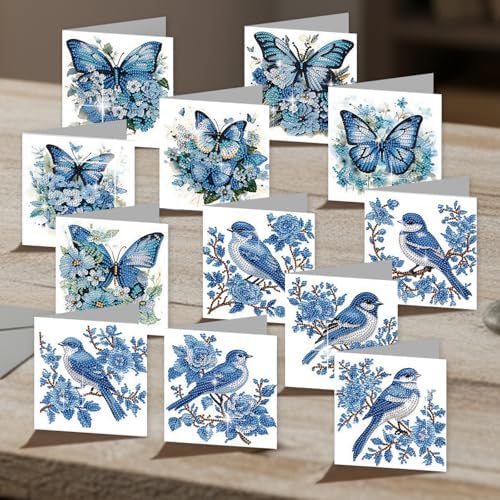 C'eitura 12Pcs Butterfly & Bluebird Diamond Art Painting Greeting Card Kit with Envelopes, DIY Nature Theme Christmas Birthday Thanksgiving Card Making Set, Garden Inspired Handmade Card Craft